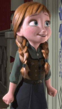 anna from the movie frozen is standing in a room with her hands on her hips .