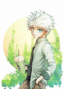 a drawing of a boy holding a starbucks cup