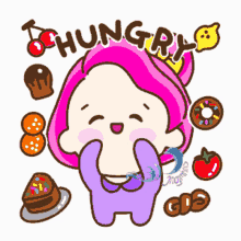 a cartoon girl with pink hair is surrounded by cupcakes and donuts and says hungry