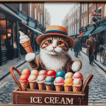 a painting of a cat holding an ice cream cone in front of ice cream cones