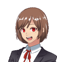 a girl with short brown hair and red eyes is wearing a suit