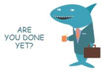 a shark in a suit and tie is holding a cup of coffee