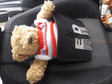 a teddy bear wearing a red and white striped sweater is sitting on a car seat