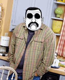 a man wearing a plaid shirt and sunglasses has a cartoon face on his face