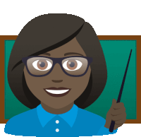 a woman wearing glasses and a blue shirt holds a pointer in front of a blackboard