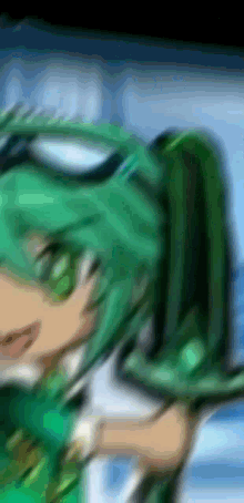 a blurry picture of a person with green hair and goggles