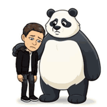 a cartoon man is standing next to a panda bear