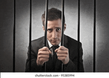 a man in a suit and tie is behind bars .