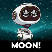 a cartoon illustration of a robot with hypnotic eyes and the words moon on the bottom