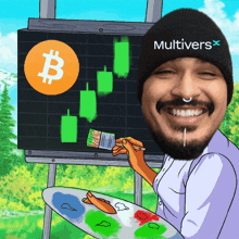 a man with a beanie that says multivers on it is painting a bitcoin chart