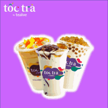 three cups of toc tra by tealive with different flavors on a purple background