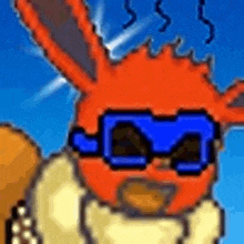 a pixel art of a squirrel wearing sunglasses against a blue sky .