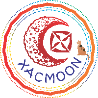 a logo for xacmoon with a crescent moon and a cat on it