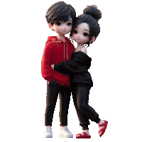 a boy in a red hoodie is hugging a girl in a black hoodie