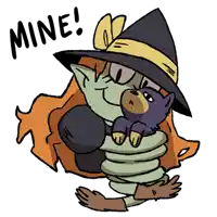 a cartoon drawing of a witch holding a cat with the words mine written above her