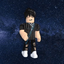 a roblox character wearing a black and white striped shirt and white shoes