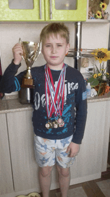 a young boy with medals around his neck holds up a trophy in his kitchen