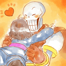 a drawing of a skeleton hugging a little girl with a heart in the background