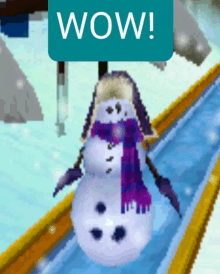 a snowman wearing a purple scarf and a hat is standing on a slide with a wow sign above it