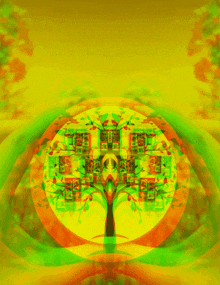 a painting of a tree with a green and orange background