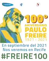 a poster celebrates the 100th anniversary of paulo freire 1921-2021