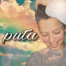 a girl with braces on her teeth is smiling with the word puta above her head