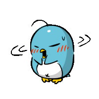 a cartoon drawing of a blue penguin with a star on its chest yawning