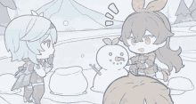 a cartoon of two girls making a snowman