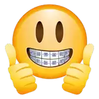 a smiley face with braces on its teeth gives a thumbs up