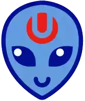 a blue alien head with a red u on top of it