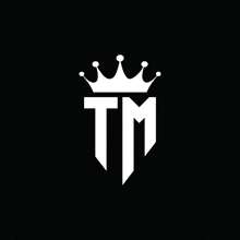 a white logo with the letter tm and a crown on a black background