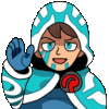 a cartoon character wearing a blue and white cape and a hood is waving .