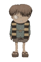 a cartoon character is standing in front of a white background . he is wearing a striped vest and shorts .