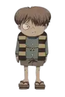 a cartoon character is standing in front of a white background . he is wearing a striped vest and shorts .