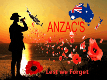 a poster for anzac 's lest we forget features a soldier blowing a trumpet