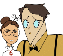 a cartoon drawing of a man and a woman with glasses and suspenders