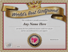 a world 's best girlfriend certificate that can be personalized