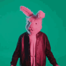 a man wearing a rabbit mask and a leather jacket