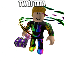 a roblox character holding a purple box with the words twoj tata written above him