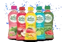 five bottles of fruit valley juice are lined up