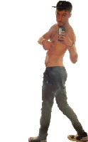 a shirtless man is taking a picture of himself with a cell phone