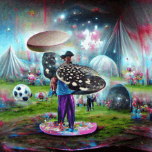 a painting of a man holding a shark in a circus scene