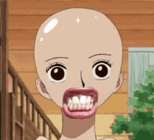 a cartoon character with a shaved head and a large mouth