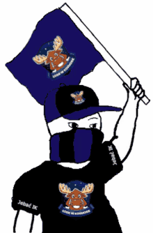 a person wearing a moose t-shirt holds a blue flag