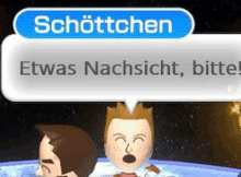 a video game character with a speech bubble that says schotten