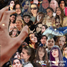 a hand is holding up a collage of aidan 's army russia lemon cult