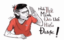 a cartoon drawing of a man wearing headphones and a red shirt .