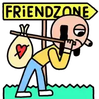 a cartoon drawing of a man carrying a bag and a sign that says friendzone