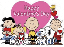 a valentine 's day card with snoopy , charlie brown , lucy , and woodstock