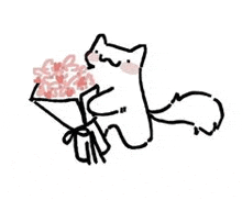 a drawing of a cat holding a bouquet of pink flowers .